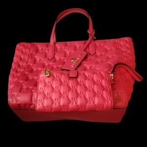 Michael Kors Pinkish Red Quilted Tote and Pouch Set☆ Sold As Set☆FIRM